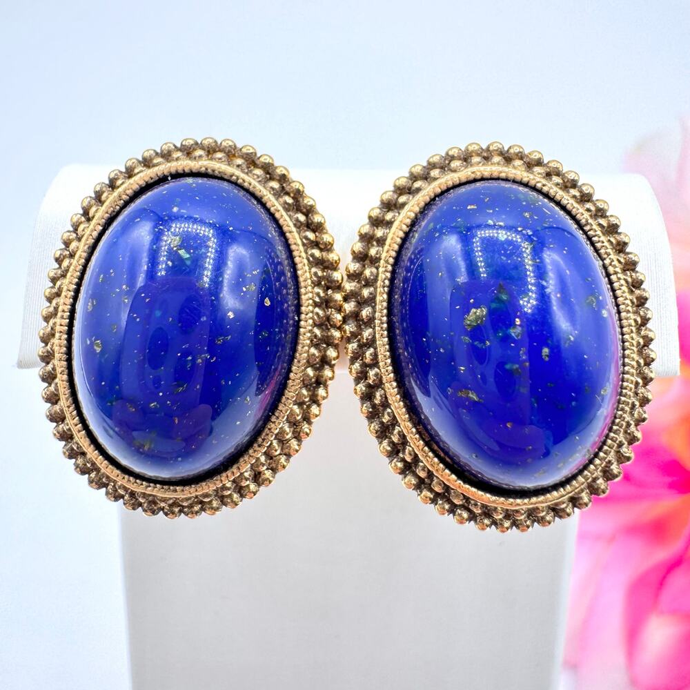 Vintage 1928 Faux Lapis Lazuli Cabochon Earrings Bezel Set Blue Oval Studs Chic